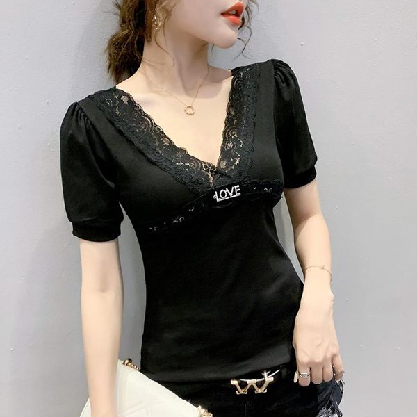 

women's t-shirt summer casual stripe fashion lace stitching short sleeve v-neck women t shirt plus size, White