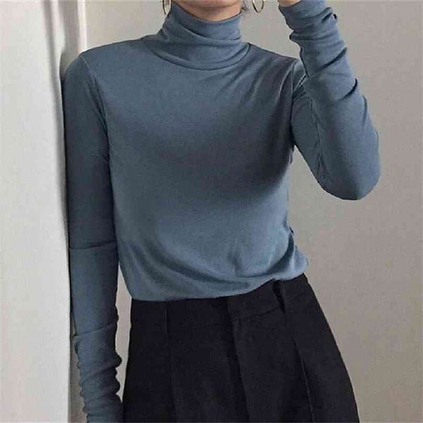 Harajuku Solid Bottoming Camiseta Mulheres Mola Outono Camisetas Turtleneck Coreano Slim Manga Longa Preto T-Shirts 90s Tops 210720