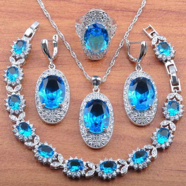 Orecchini Collana Set di gioielli da sposa di lusso per donna Cristallo blu cielo e set con bracciali con anello pendente 2021