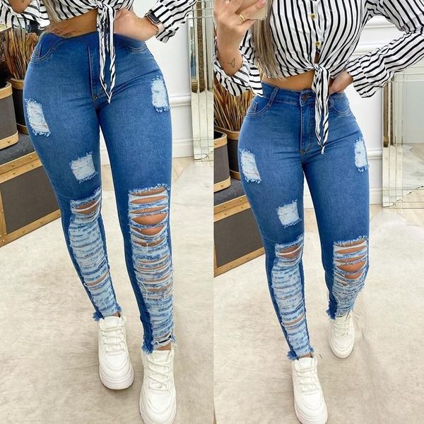 

women's jeans blue solid color casual ripped pockets tight long denim