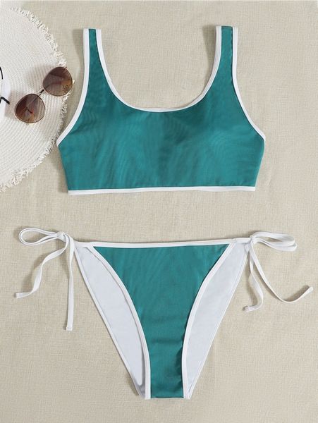 

plus contrast binding rib tie side bikini swimsuit b8hw#, Black