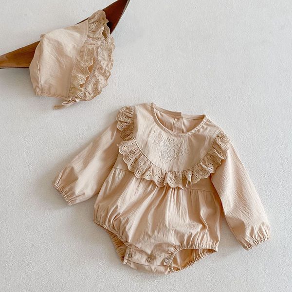 

spring autumn infant baby boys girls embroider rompers + hat clothing kids boy girl long sleeve clothes 210429, White