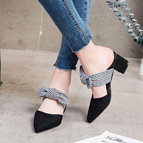

women outdoor slippers pointed toe bowknot lace up summer casual shoes chunky high heel sandals slip on muller, Black