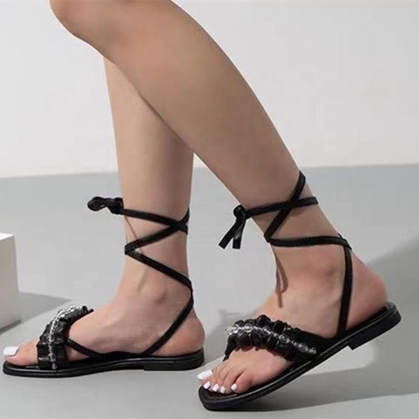 

sandals women fashion flat summer 2021 casual transparent lace up shoes outside daily slides clip toe, Black