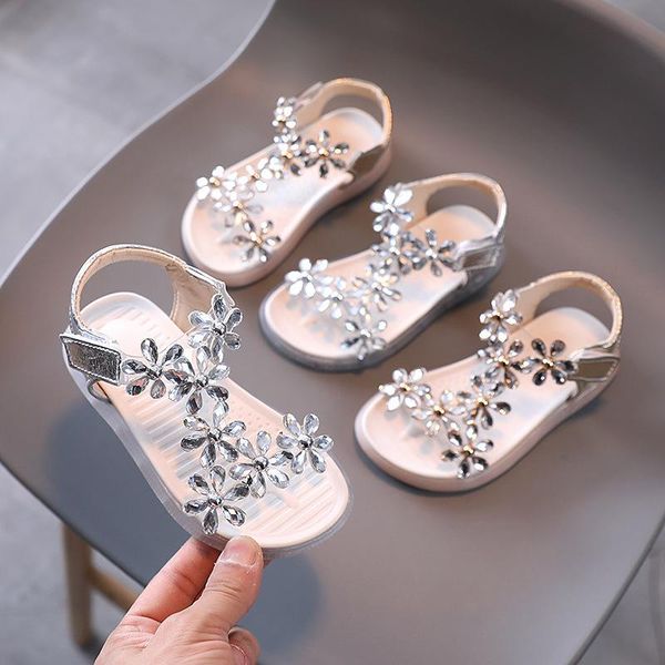 

sandals 2021 summer children girls rhinestone flowers soft bottom princess shoes sweet cute for wedding chic causal kids, Black;red