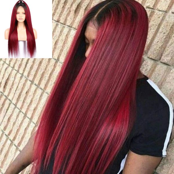 

1b 99j long straight hair lace front wig wine red synthetic burgundy ladies natural hand middle heat-resistant fiber daily wig, Black