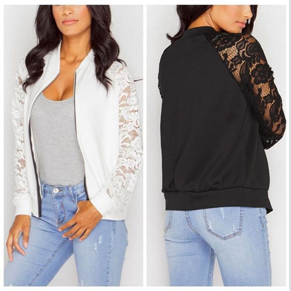 

women's jackets fashion lace sleeve women basic coats long patchwork transparent zipper casual slim jacket coat bomber outwear, Black;brown
