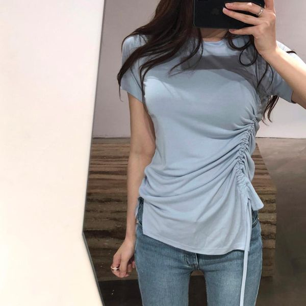 

women's t-shirt korean style chic pure cotton irregular summer versatile figure flattering side slit drawstring lace slim short-sleeved, White