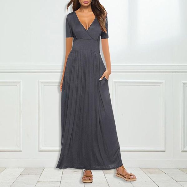 

casual dresses modis women's maxi dress with pocket solid color v-neck short sleeve long female elegant party swing #t2g, Black;gray