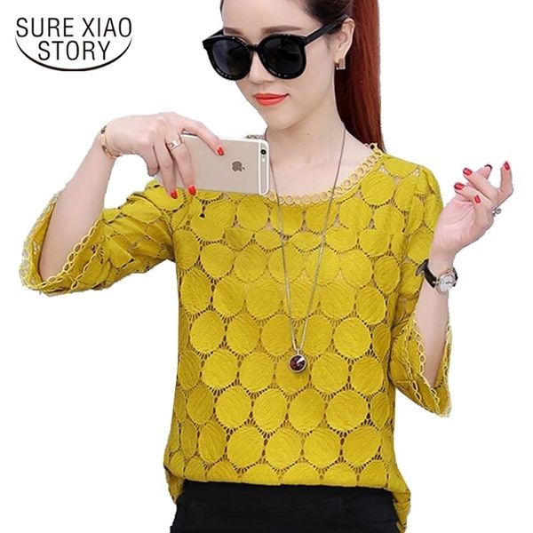 

summer flare sleeve plus size lace clothing shirt casual solid hollow out spliced women blouse blusas 905e 30 210415, White