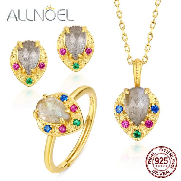 

sterling silver jewelry set for women natural labradorite corundum diamond ring wedding fine bracelet, earrings & necklace, Black