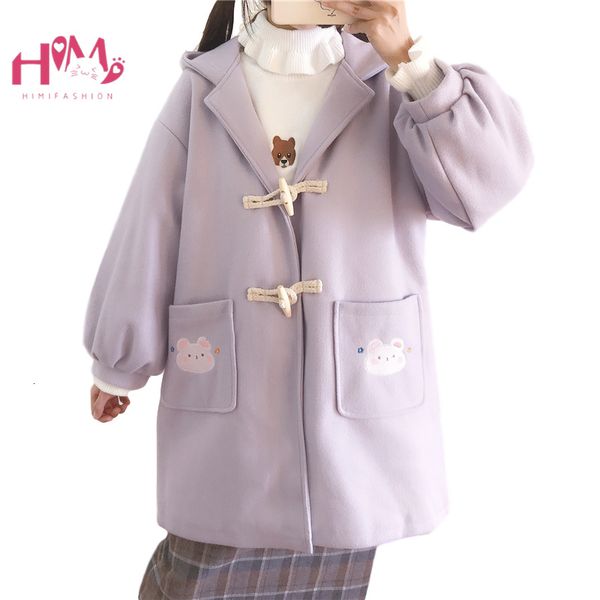 

winter kawaii wool blend women mori vintage cute bunny rabbit woolen jacket teen girls outerwear loose warm long cape coat, Black;gray