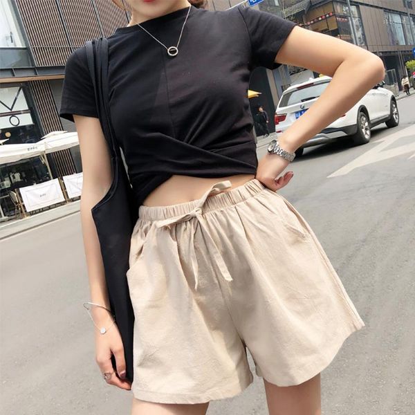 

summer women cotton linen shorts loose elastic waist with lace pocket candy color casual sports gym clothes women's, White;black