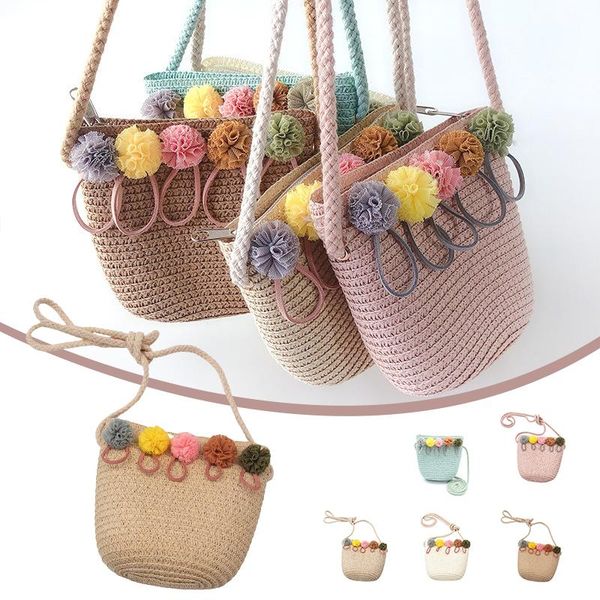 

storage bags cartoon hairball sling bag straw braided mini coin purse portable novelty cross body key for girl teens l23