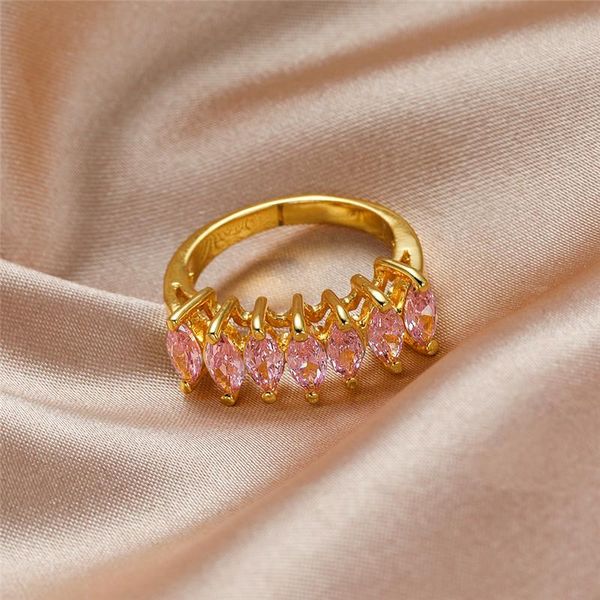 

wedding rings romantic pink zircon ring marquise crystal stone for women jewelry vintage fashion yellow gold mothers gifts, Slivery;golden