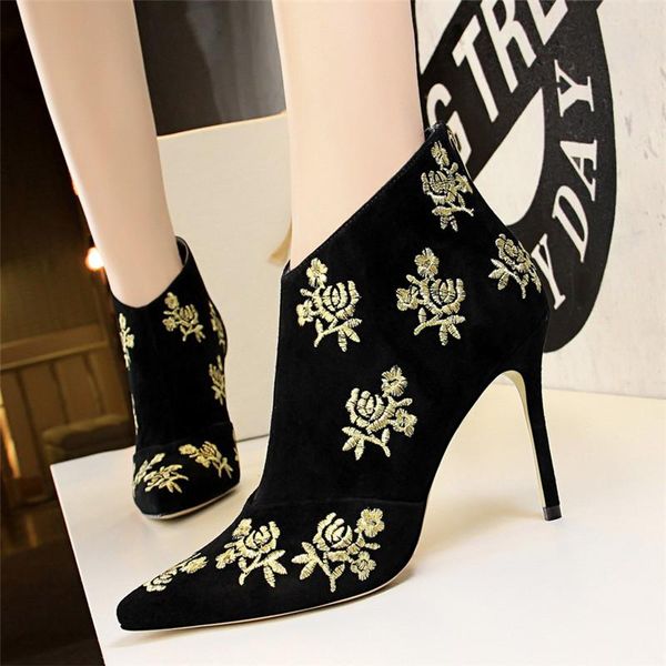 

boots bigtree winter ankle flock women fashion pointed toe high heel shoes embroider flower design ladies, Black