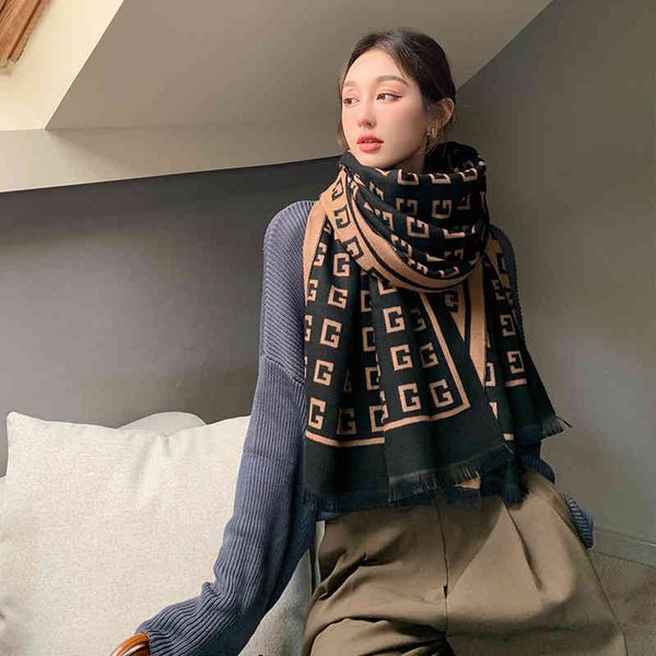 

design korean double-sided british warp knitted printed scarf women's thickened warm decoration imitation cashmere shawl, Blue;gray