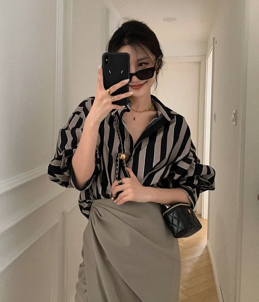 

women's dign chic women's long sleeve shirt 2021 summer loose striped, White