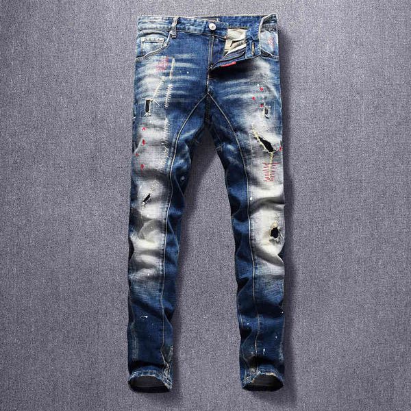 

jeans fashion streetwear men jeans retro blue elastic slim fit ripped denim trousers embroidery patchwork spliced hip hop biker pants