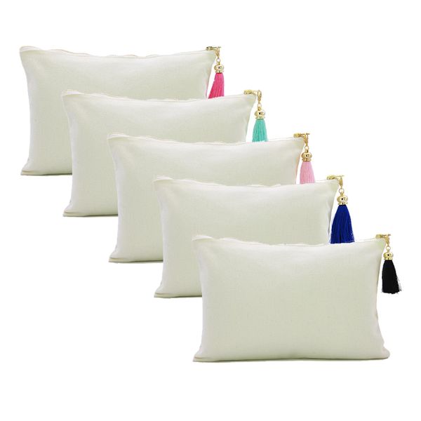 

oivefeet, plain white cotton canvas cosmetic bag color tassel gold zipper makeup pouch cotton clutch handbag lj201008