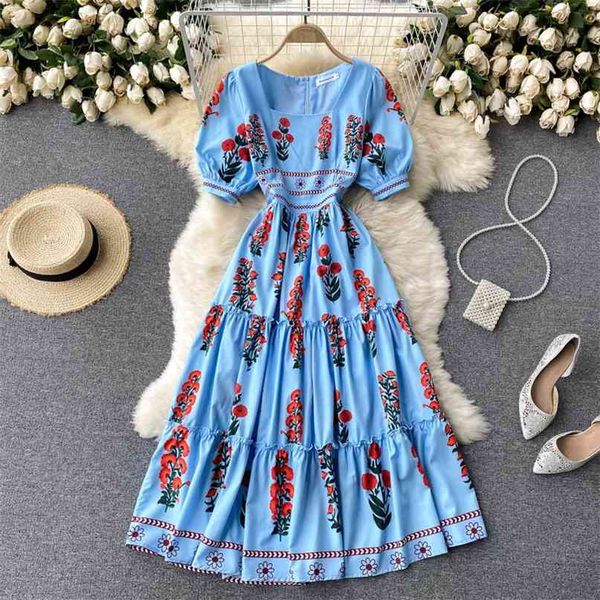 

women fashion square neck short sleeve slim printed a-line dress korean vintage summer elegant vestidos s645 210527, Black;gray