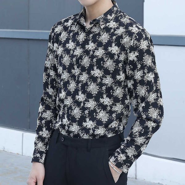 

autumn floral shirts for men long sleeve slim fit streetwear shirt male casual business dress blouse clothing chemise homme 210527, White;black