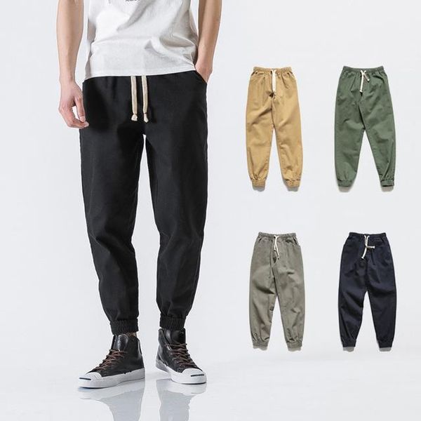 

japanese cotton casual pants men slim-fit elastic trousers beam mouth men's pant, Black