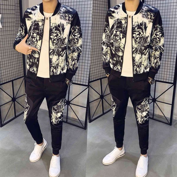 

casual tracksuit men sportwear tiger print sports suits moda hombre 2pc jacket+pants sweatsuits streetwear hombres ropa, Gray