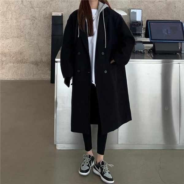 

women's trench coats chic women coat casual long outerwear loose overcoat autumn winter fashion double-breasted windbreaker femme, Tan;black