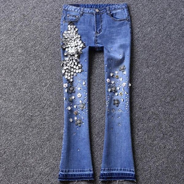 

women's jeans plus size diamond cotton flare 2021 spring women sequined stretch embroidery skinny, Blue
