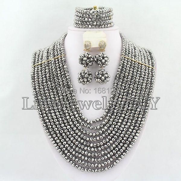 

earrings & necklace luxury african beads jewelry sets nigerian wedding crystal set hd1830, Silver