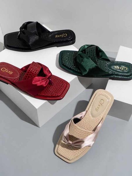 

slippers ribbon bowknot women's flat slippers, stone pattern flat-heel sandals for women, Black