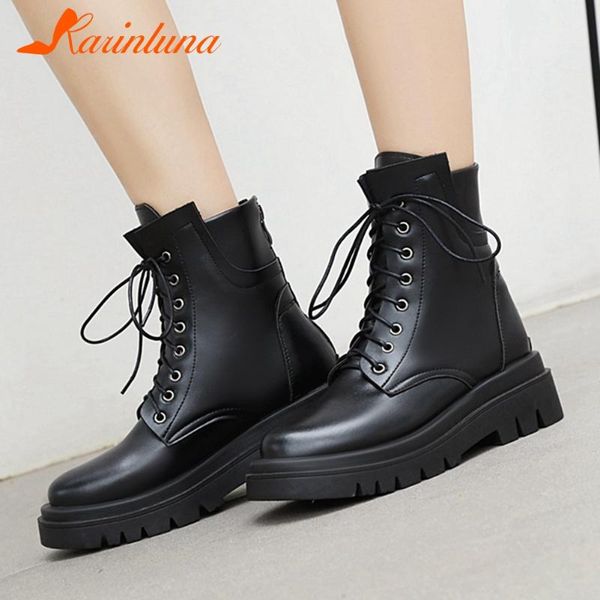

boots karin shoes woman platform round toe cross-tied solid autumn square thick heels zip ankle, Black