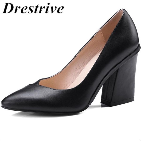 

dress shoes drestrive women pumps classic full genuine leather big size 32-43 thick high heel 9 cm pigskin lining spring ladies office, Black