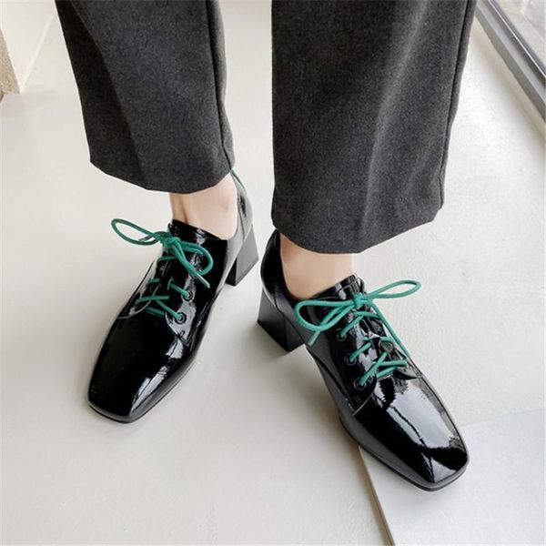 

dress shoes pxelena patent leather women chunky block med heels spring autumn 2021 square toe lace up oxfords office lady pumps, Black