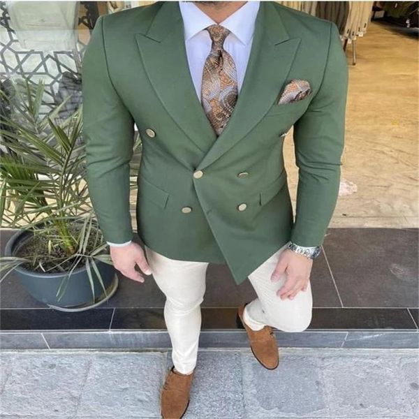 

men's suits & blazers green double breasted jacket with ivory trousers 2-piece suit wedding ball tuxedo slim groom evening dr, White;black