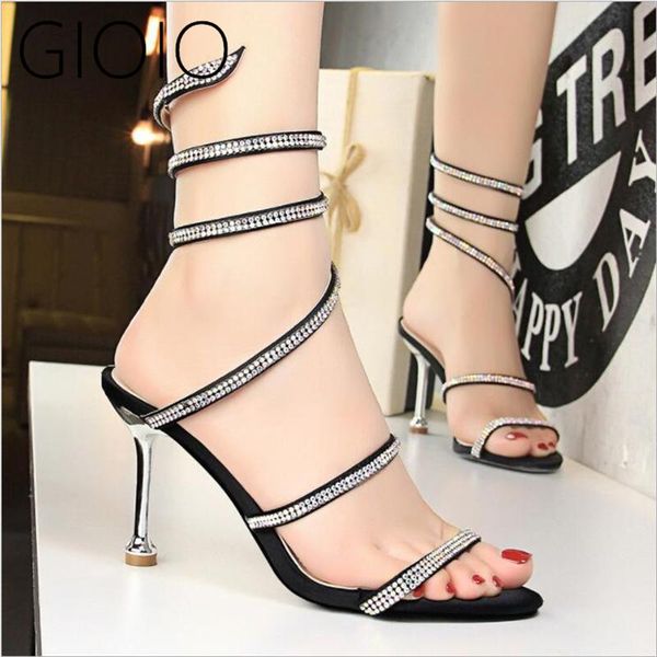 

sandals women's shoes 2021 european and american classic high heels snake-shaped rhinestone ankle wrap stiletto, Black