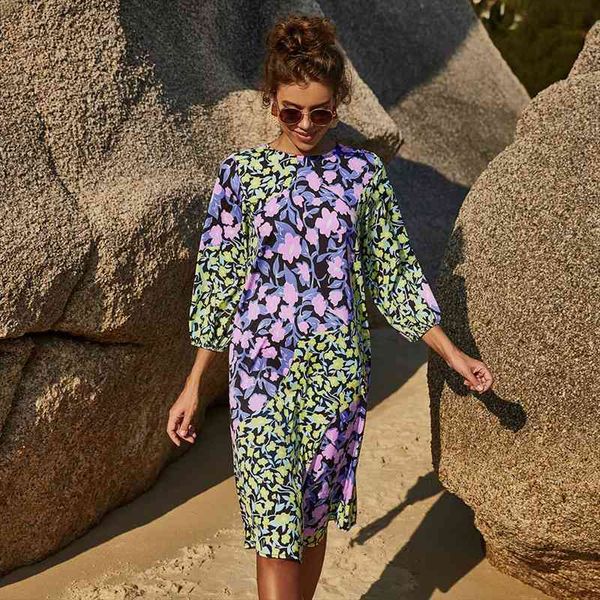 

elegant o neck purple womens dress green floral print summer three quarter sleeve casual loose knee length beach vestido, Black;gray