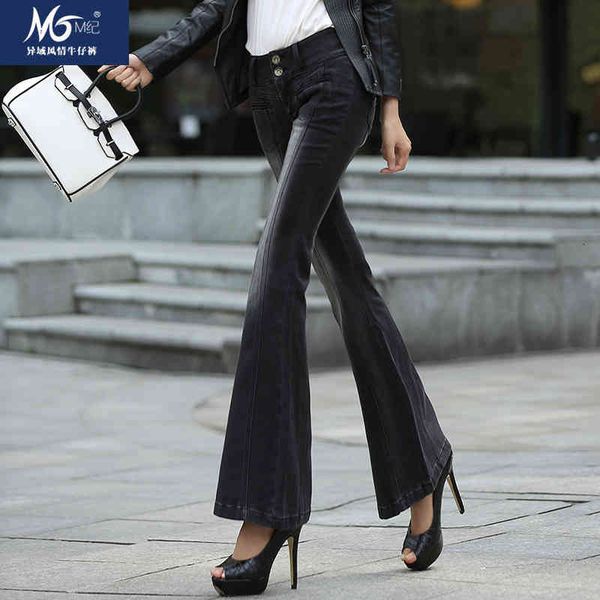 

spring autumn women embroidery high waist flare female slim chinese style plus size distressed jeans black blue y673