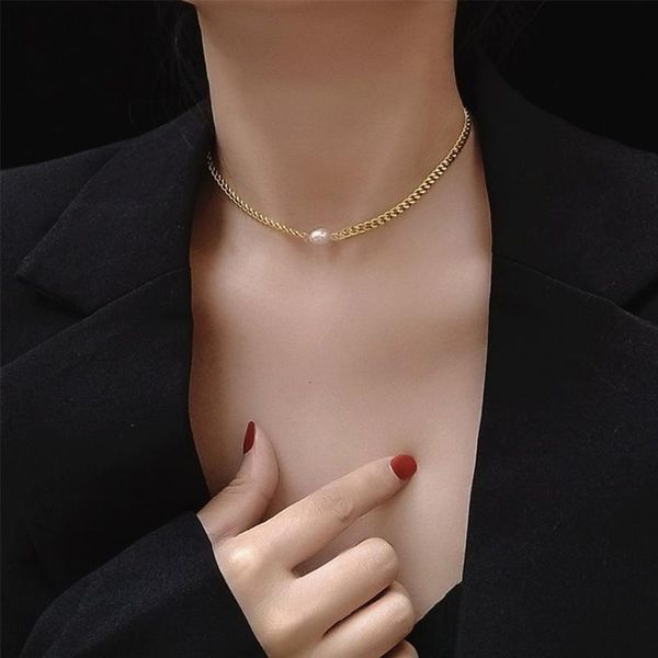 

pendant necklaces necklace for women vintage alloy freshwater pearl choker metal simple clavicle geometry chain fashion ladies jewelry, Silver