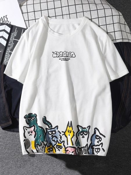 

men slogan and cartoon graphic tee r7sg#, White;black