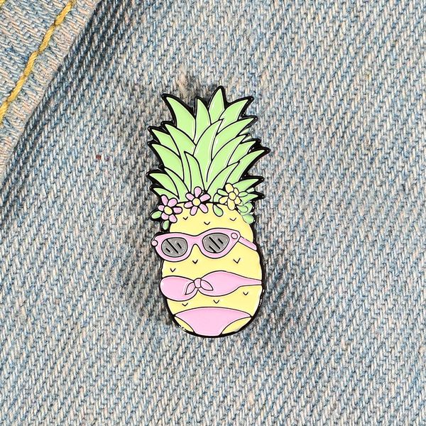 

funny ananas brooches cartoon fruit shape enamel pins alloy brooch for women denim shirt badge miss pineapple pin bikini summer vacation bea, Gray