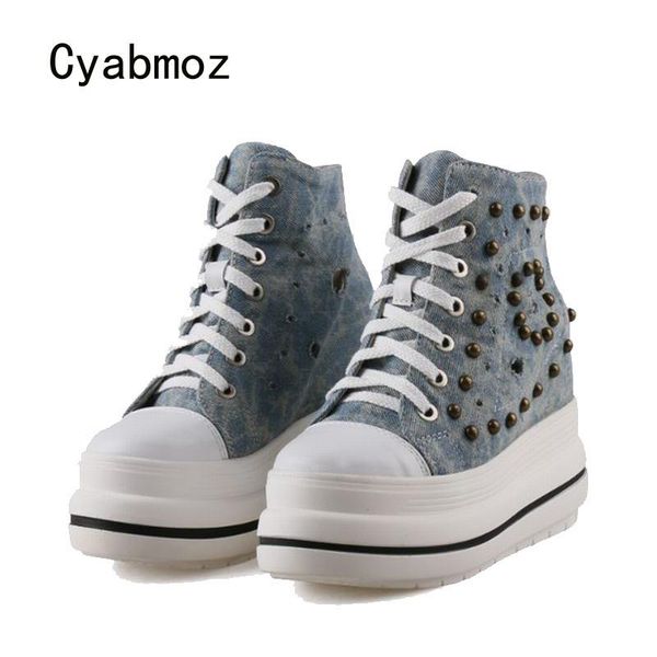 

dress shoes cyabmoz women denim high heels sneakers rivet hollow hidden height increasing woman pumps party tenis feminino, Black
