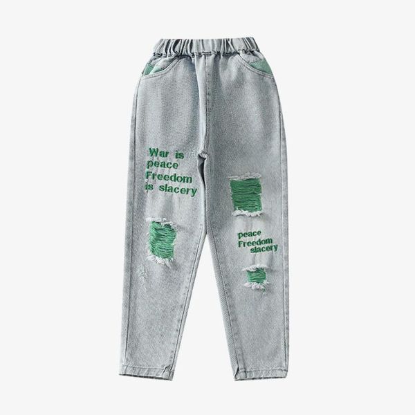 

jeans 2021 children girls denim pants big good casual embroidery letters patchwork distressed 5-10 years, Blue