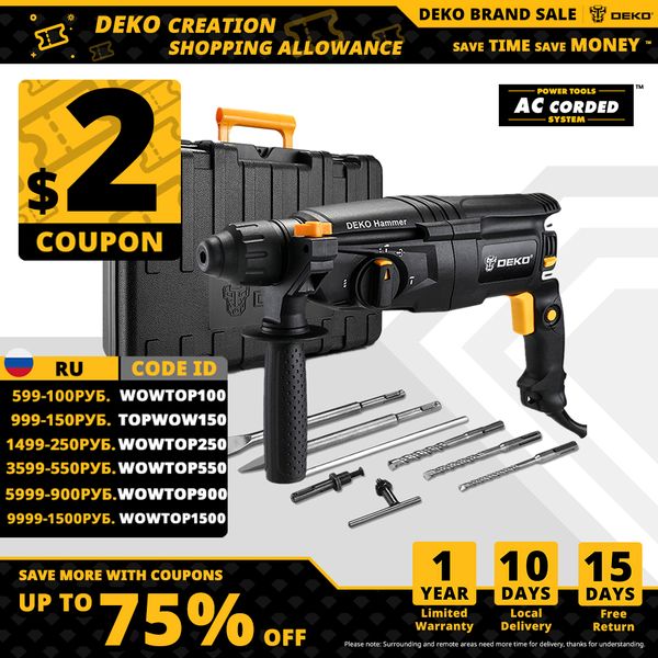 

deko gj181 220v 26mm 4300/min impact rate 4 functions ac electric rotary hammer drill with accessories and bmc box