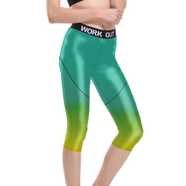 

women's leggings women green yellow gradient fitness quick dry workout high waist knee length aerobic exercise pant full size, Black