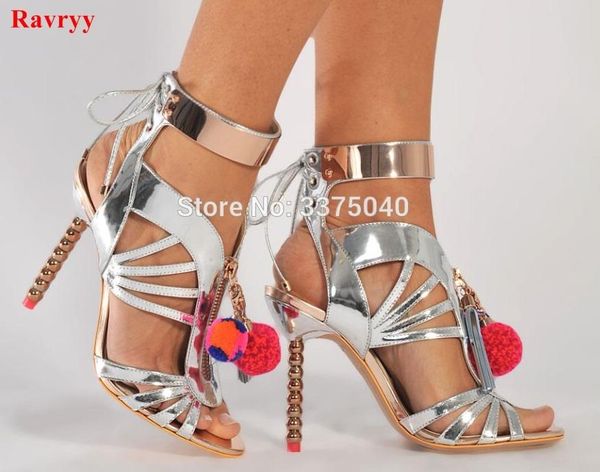 

sandals ravryy cut-outs silver pom high heel shoes gladiator women ankle strap stiletto heels summer woman cage, Black