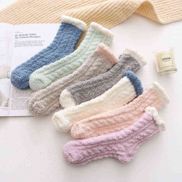 Chaussettes en peluche pour femmes, pantoufles chaudes et pelucheuses en microfibre douce, chaussettes de sol pour lit de maison, hiver Y1119