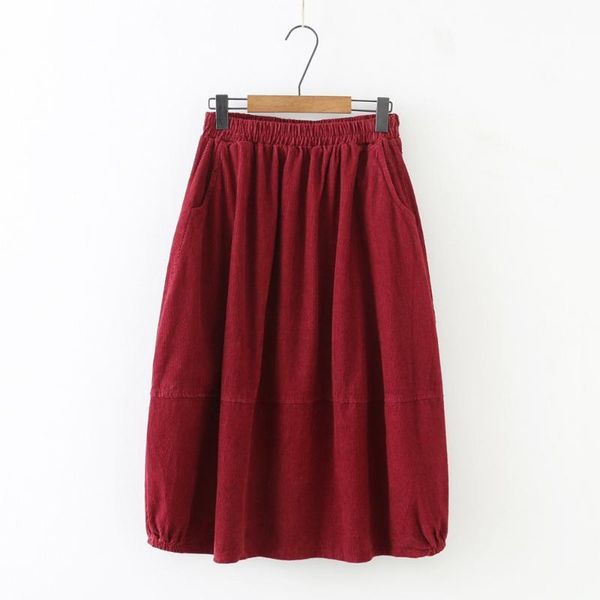 

skirts literary corduroy skirt female solid color elastic waist a-line mori girl 2021, Black