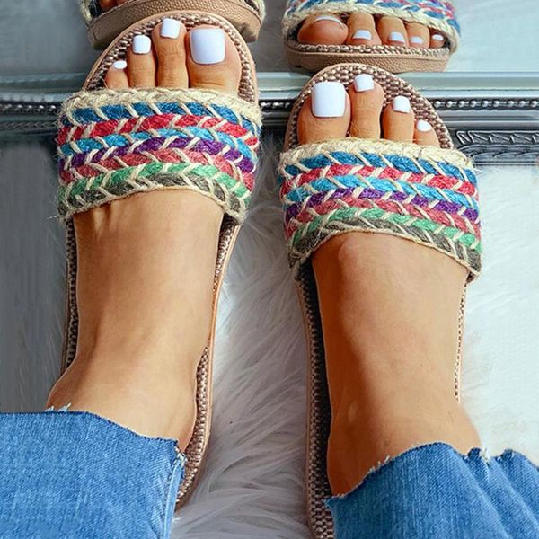 

fashion anti-slip linen slippers slides shoes female summer open toe flat beach bohemia flip flops slipper #7.9, Black